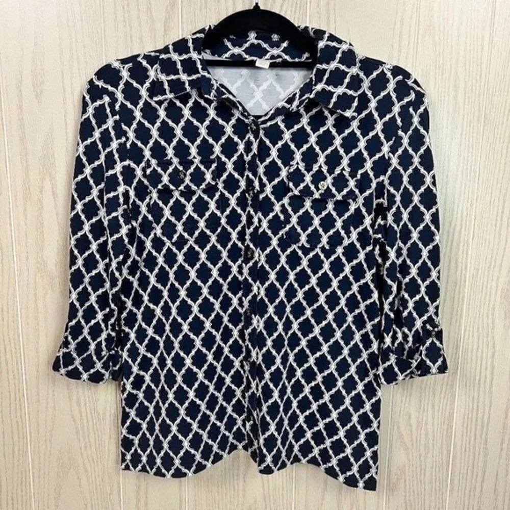 Charter Club Women's Navy Geometric Blouse Button-Up 3/4 Sleeve Top Size PM